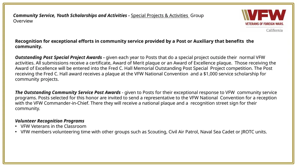 VFW Programs Your VFW programs are defined under - slide 5 of 12