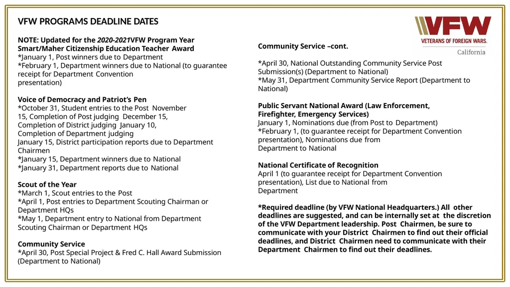 VFW Programs Your VFW programs are defined under - slide 11 of 12