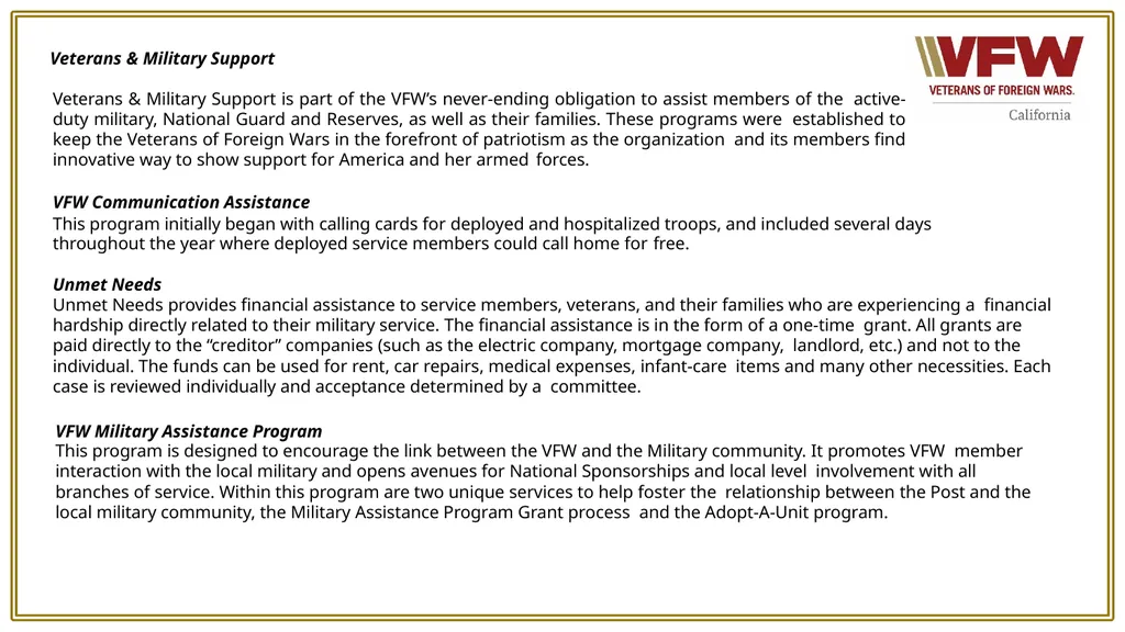 VFW Programs Your VFW programs are defined under - slide 6 of 12