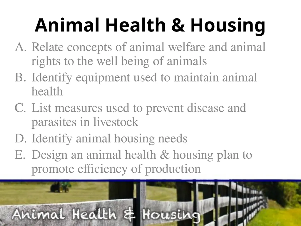 Animal Health & Housing Relate concepts of animal - slide 1 of 17
