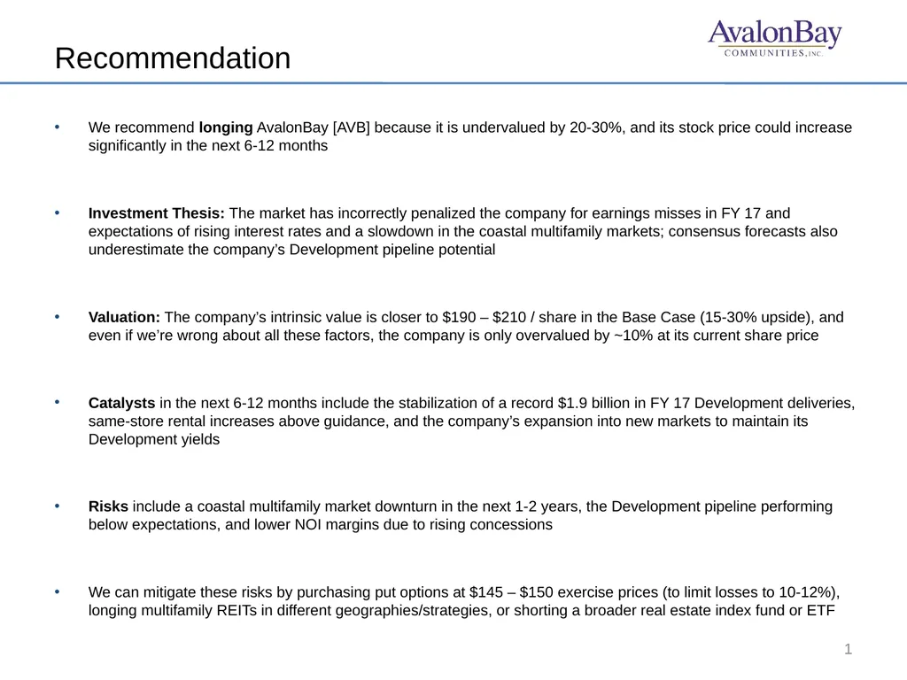 We recommend longing AvalonBay [AVB] because it is - slide 1 of 9