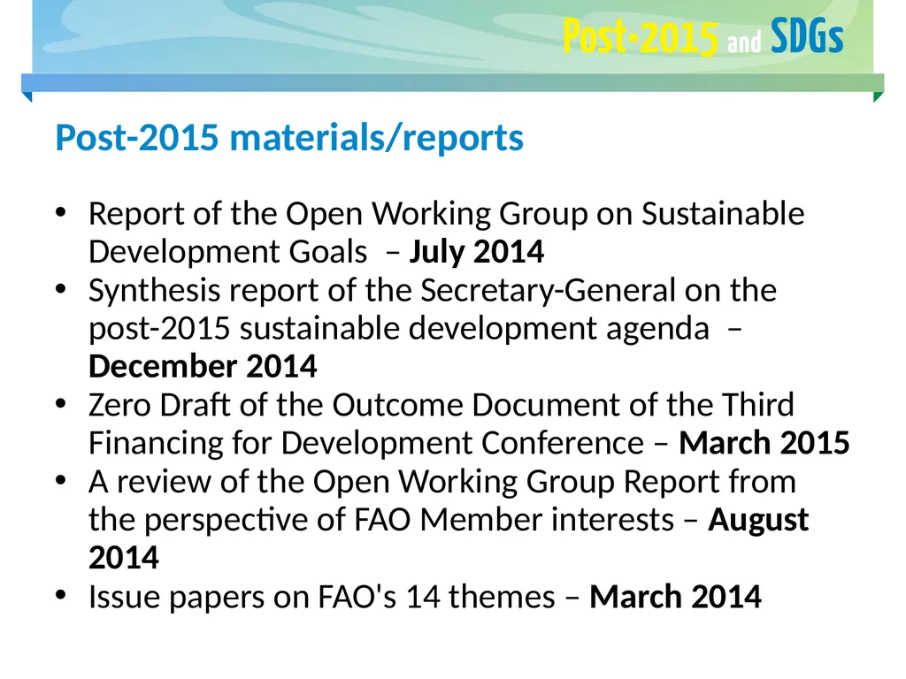 Post-2015 Agenda Sustainable Development Goals - slide 14 of 15