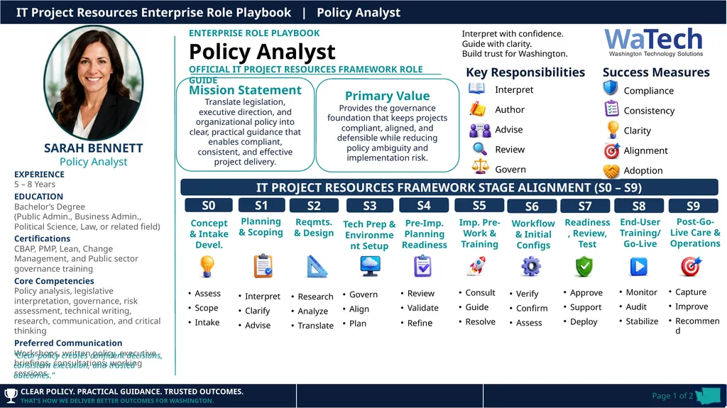SARAH BENNETT Policy Analyst EXPERIENCE 5 – 8 - slide 1 of 2