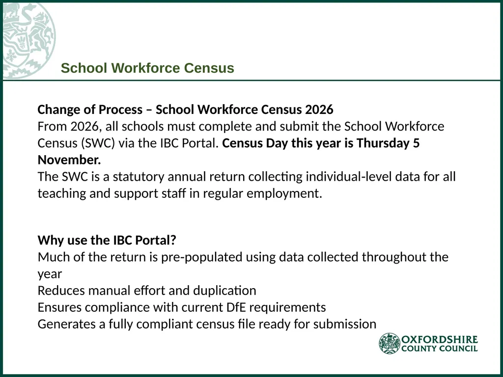 School Workforce Census Change of Process – School - slide 1 of 4