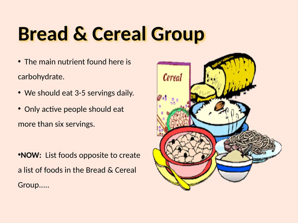 Food Groups Learning Outcomes We will: Know the - slide 5 of 10