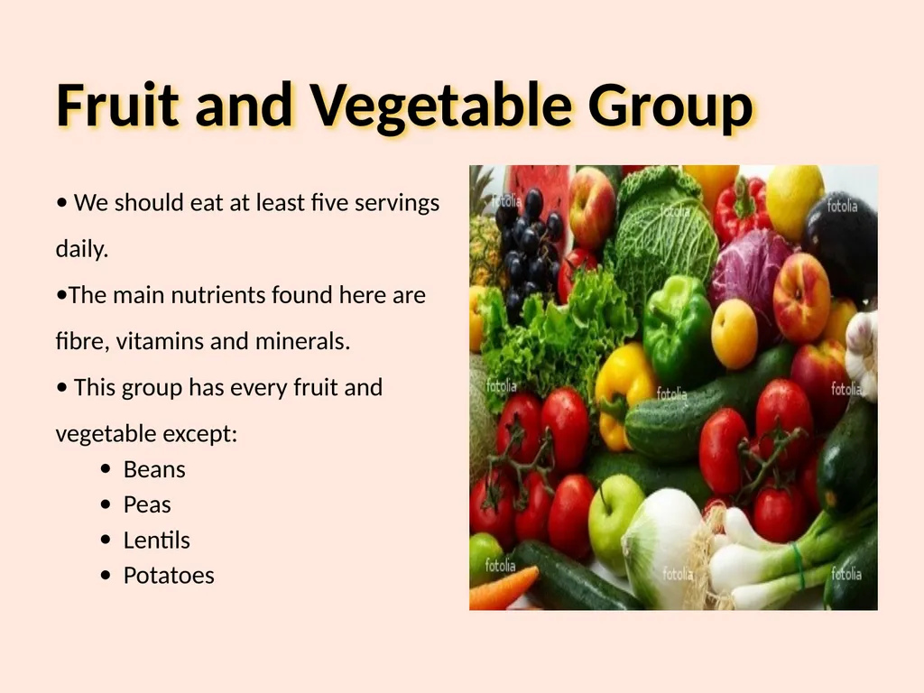 Food Groups Learning Outcomes We will: Know the - slide 4 of 10