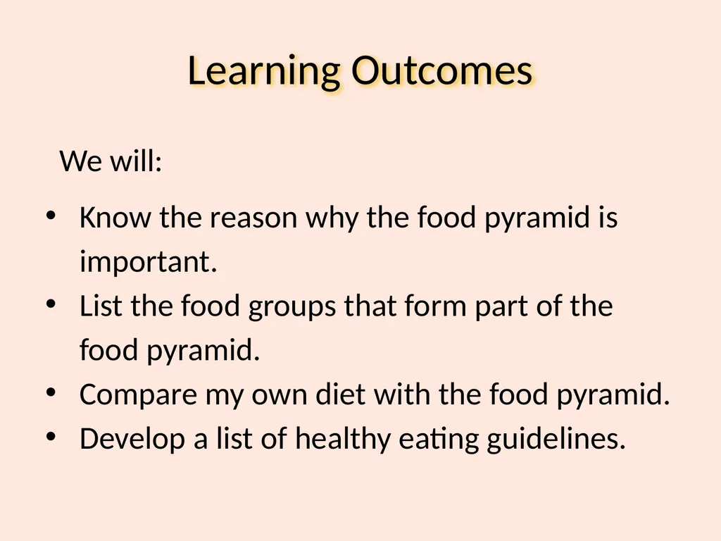 Food Groups Learning Outcomes We will: Know the - slide 2 of 10