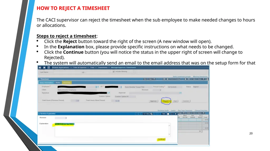 SUB EMPLOYEE TIMEKEEPING TRAINING DOCUMENT FOR: - slide 20 of 39
