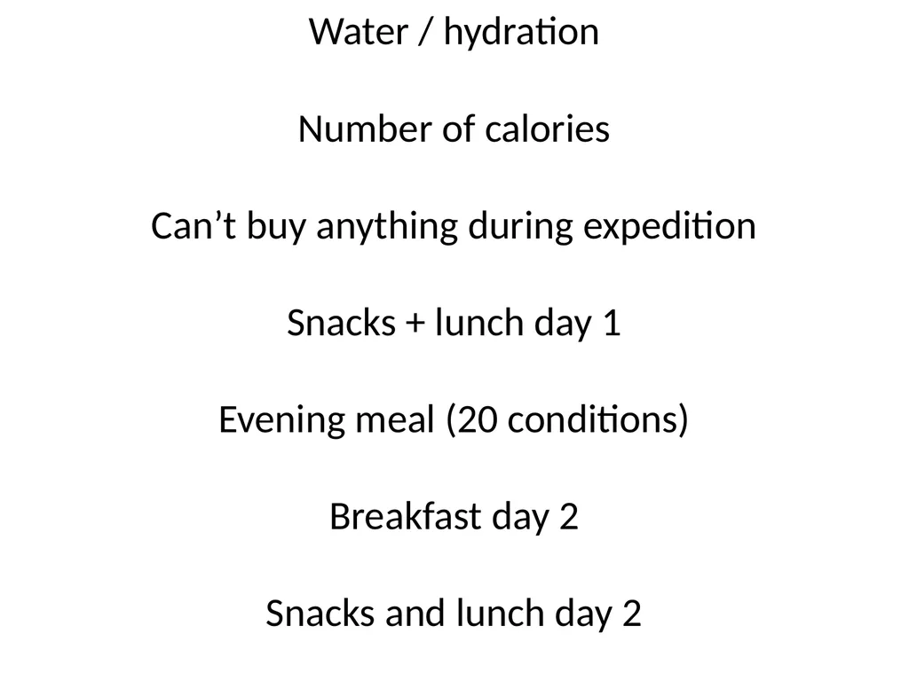 Water / hydration Number of calories Can’t buy