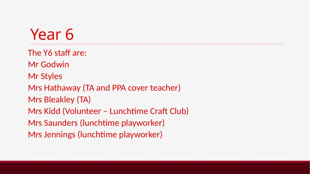 Welcome to Year 6 Year 6 The Y6 staff are: - slide 2 of 38