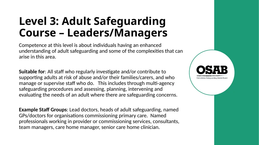 Level 3: Adult Safeguarding Course – - slide 1 of 25