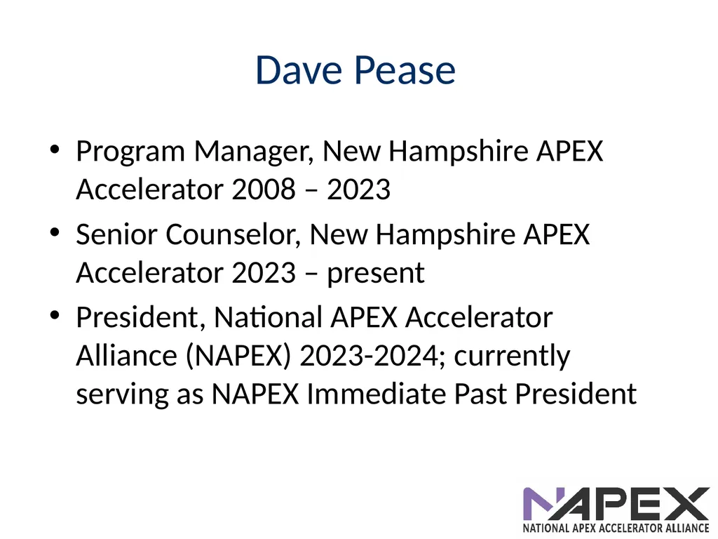 Introduction to the APEX Accelerators Dave Pease - slide 2 of 12