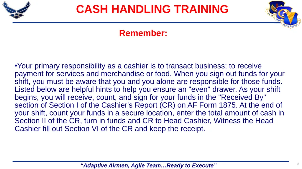 86 FORCE SUPPORT SQUADRON CASH HANDLING TRAINING 1 - slide 8 of 26