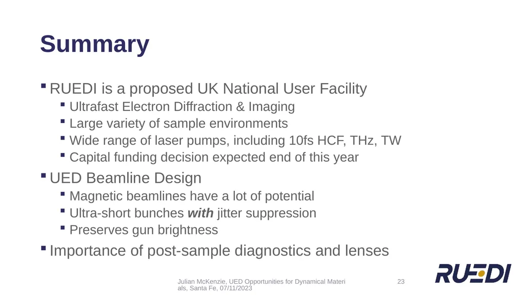 + UED Beamline Design for Optimising Temporal - slide 23 of 24