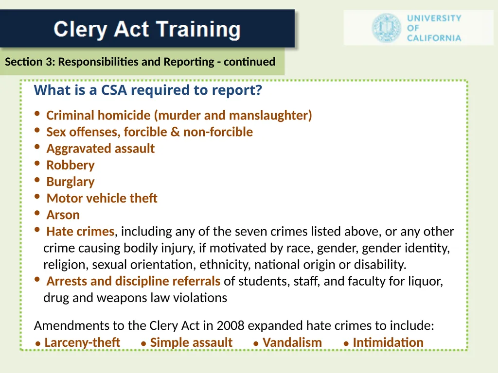 For a Campus Security Authority (CSA) 1 In 1986 - slide 20 of 34