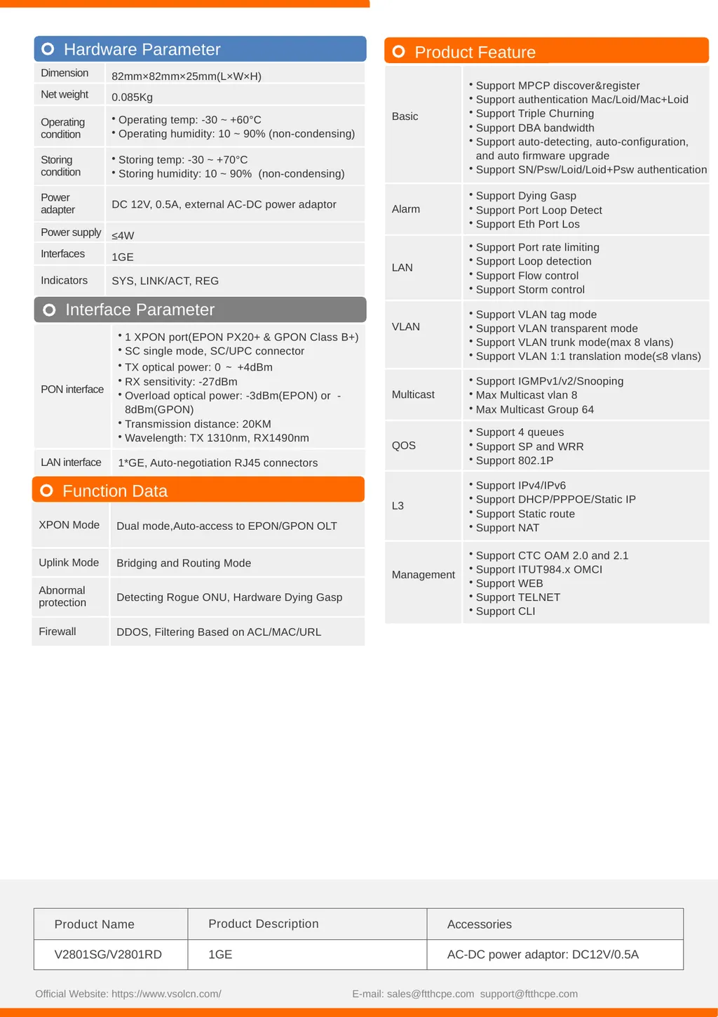 V2801SG / V2801RD 1*XPON+1GE ONU Key Features: - slide 2 of 2