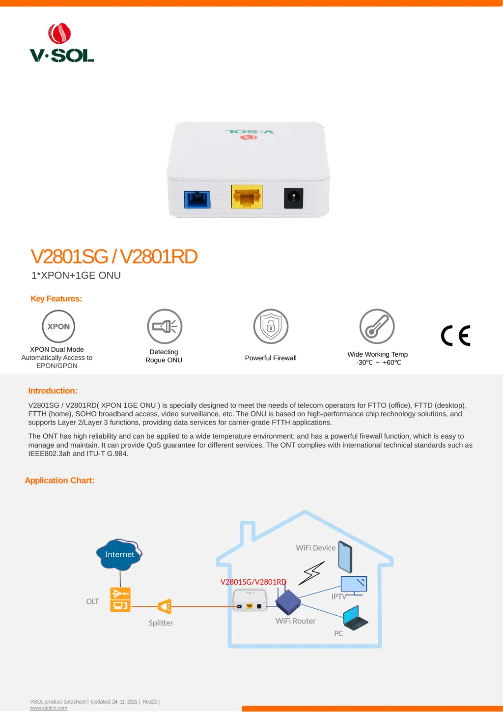 V2801SG / V2801RD 1*XPON+1GE ONU Key Features: - slide 1 of 2