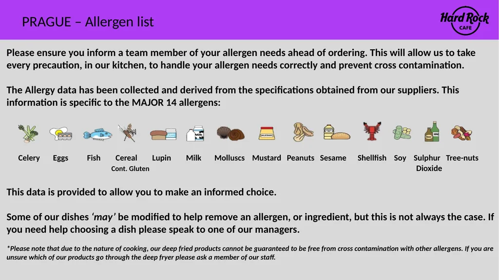 PRAGUE – Allergen list Please ensure you inform a