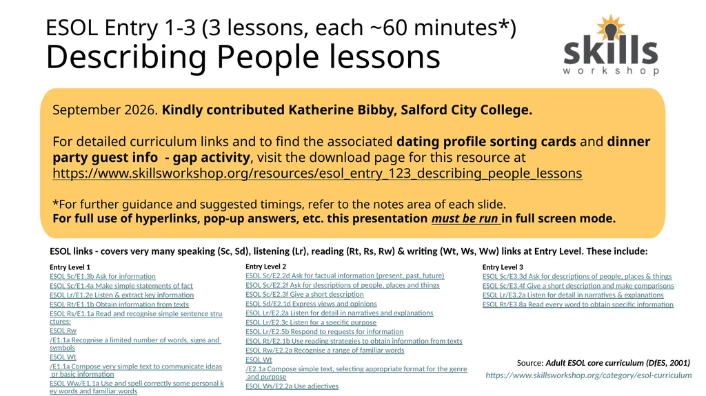 ESOL Entry 1-3 (3 lessons, each ~60 minutes*) - slide 1 of 38