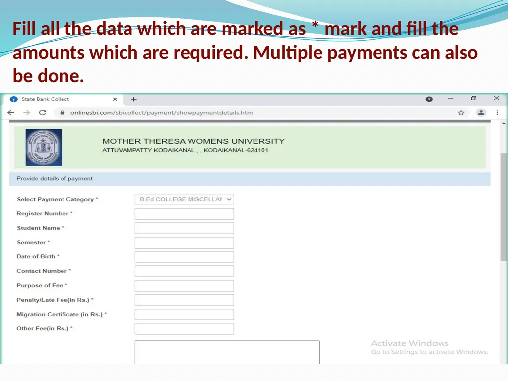 Procedure for Online Fee Payment – SBI Collect In - slide 7 of 16