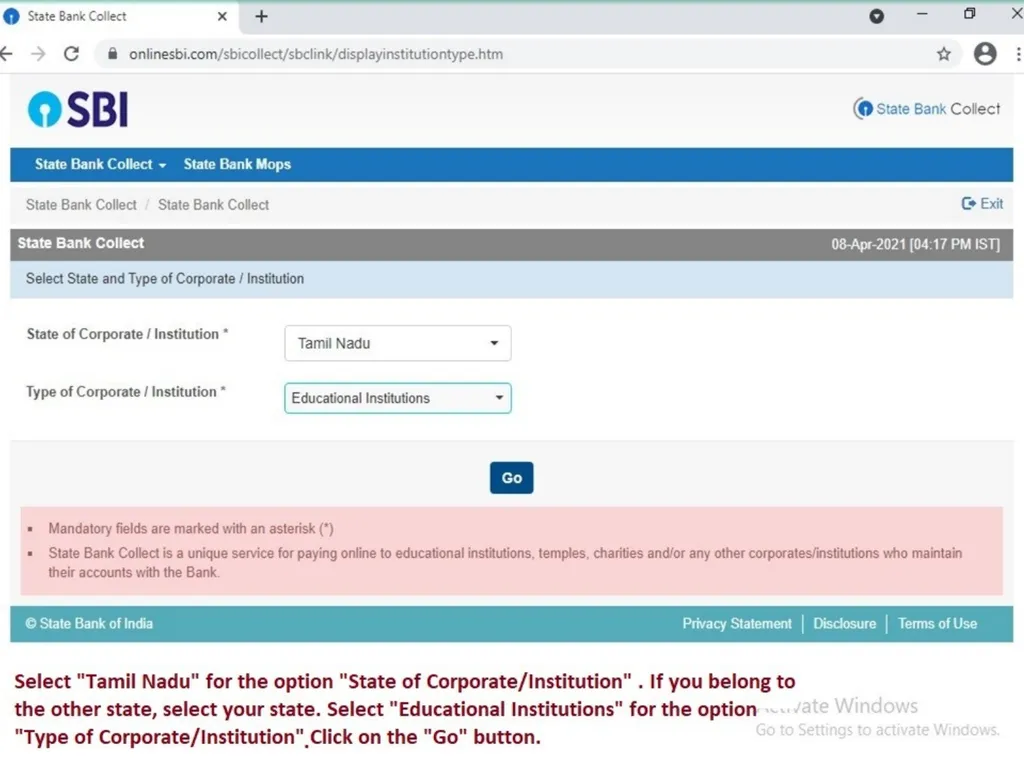 Procedure for Online Fee Payment – SBI Collect In - slide 4 of 16