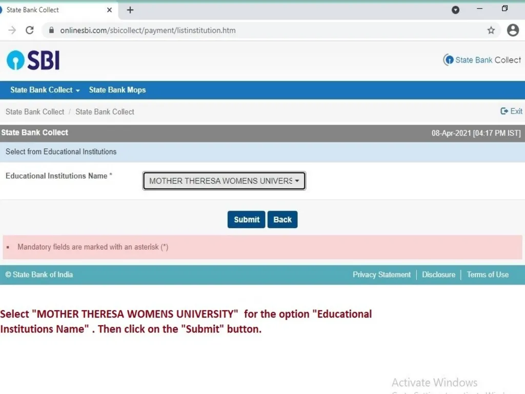 Procedure for Online Fee Payment – SBI Collect In - slide 5 of 16