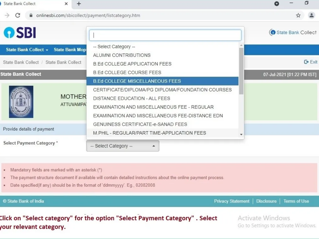 Procedure for Online Fee Payment – SBI Collect In - slide 6 of 16