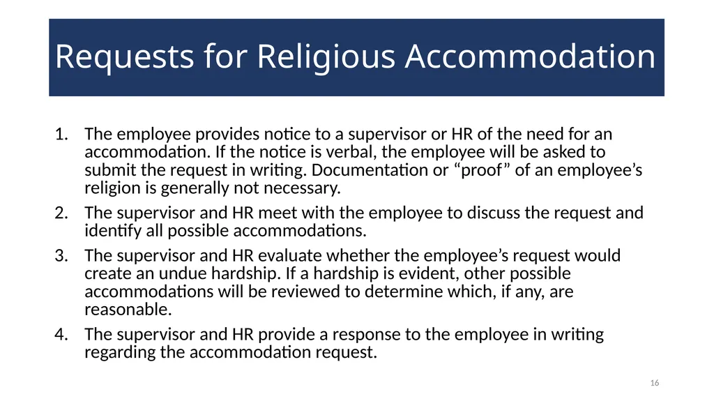 Accommodating Religion in the Workplace WELCOME! - slide 16 of 20