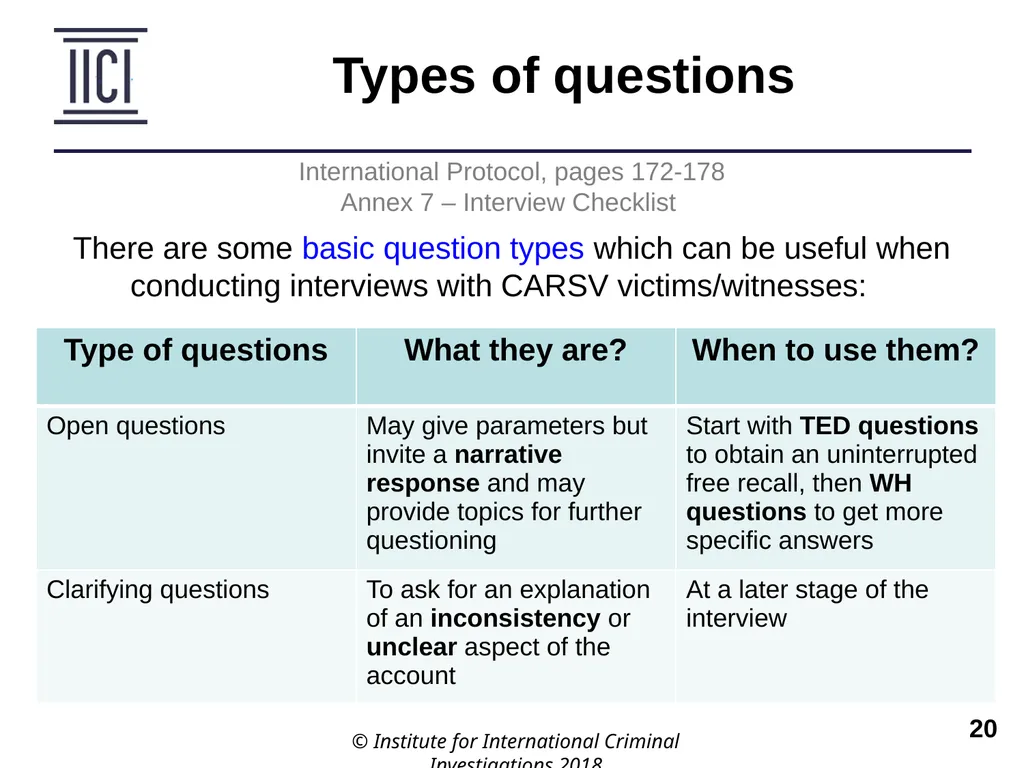 Interviewing INTERNATIONAL PROTOCOL PART V – - slide 20 of 37