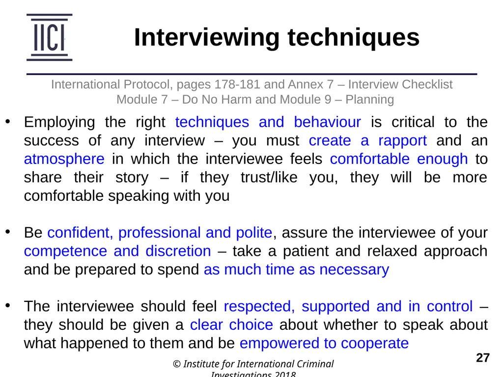 Interviewing INTERNATIONAL PROTOCOL PART V – - slide 27 of 37