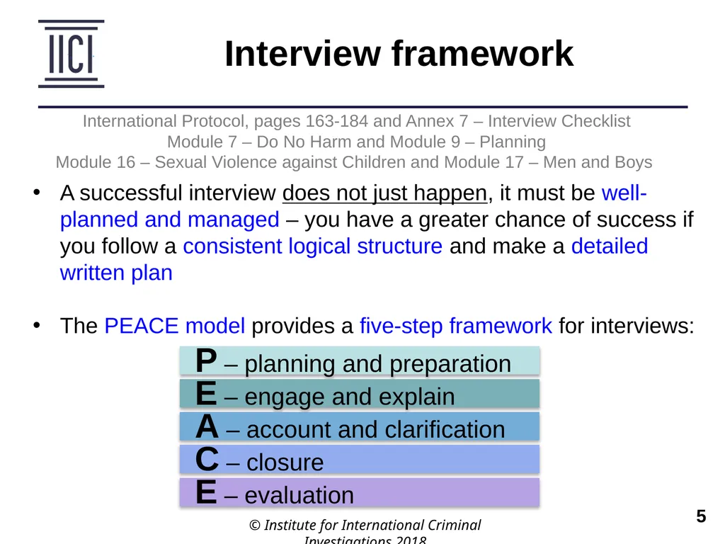 Interviewing INTERNATIONAL PROTOCOL PART V – - slide 5 of 37