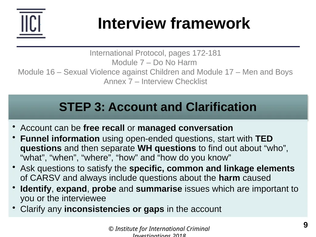 Interviewing INTERNATIONAL PROTOCOL PART V – - slide 9 of 37