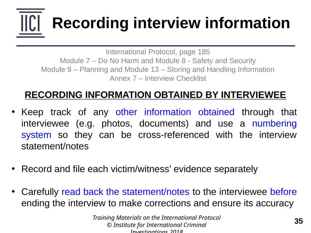 Interviewing INTERNATIONAL PROTOCOL PART V – - slide 35 of 37