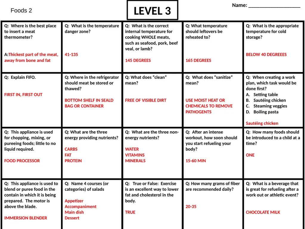Foods 2 LEVEL 1 Name: ___________________ Foods 2 - slide 3 of 6