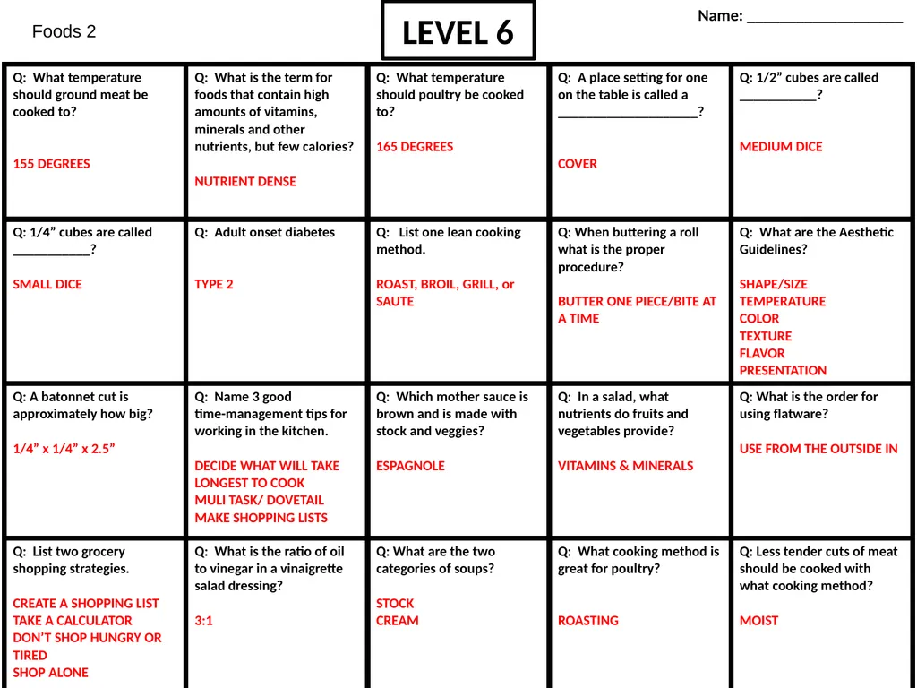 Foods 2 LEVEL 1 Name: ___________________ Foods 2 - slide 6 of 6