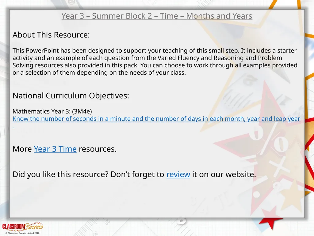 Year 3 – Summer Block 2 – Time – Months - slide 1 of 20