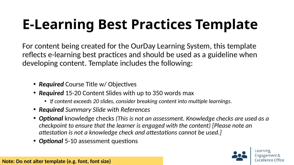 E-Learning Best Practices Template For content - slide 1 of 14