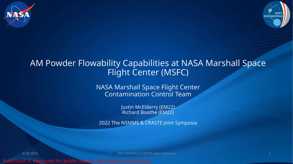 AM Powder Flowability Capabilities at NASA - slide 1 of 33