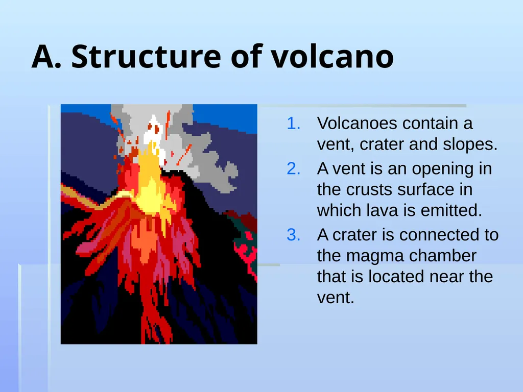 Main Idea: Volcanoes A. Structure of volcano - slide 2 of 5