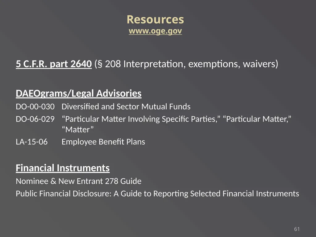 Applying Commonly Used Exemptions at 5 CFR part - slide 61 of 61