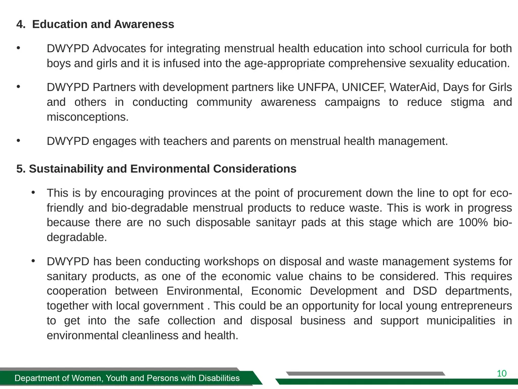 DWYPD SANITARY DIGNITY IMPLEMENTATION FRAMEWORK - slide 10 of 17