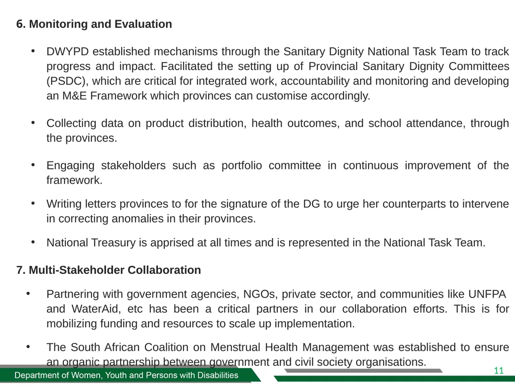 DWYPD SANITARY DIGNITY IMPLEMENTATION FRAMEWORK - slide 11 of 17