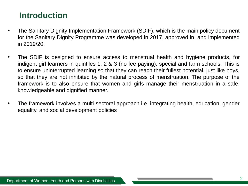 DWYPD SANITARY DIGNITY IMPLEMENTATION FRAMEWORK - slide 2 of 17