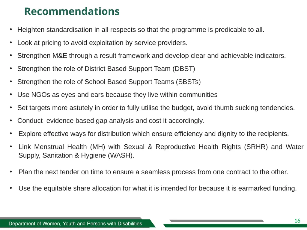 DWYPD SANITARY DIGNITY IMPLEMENTATION FRAMEWORK - slide 16 of 17