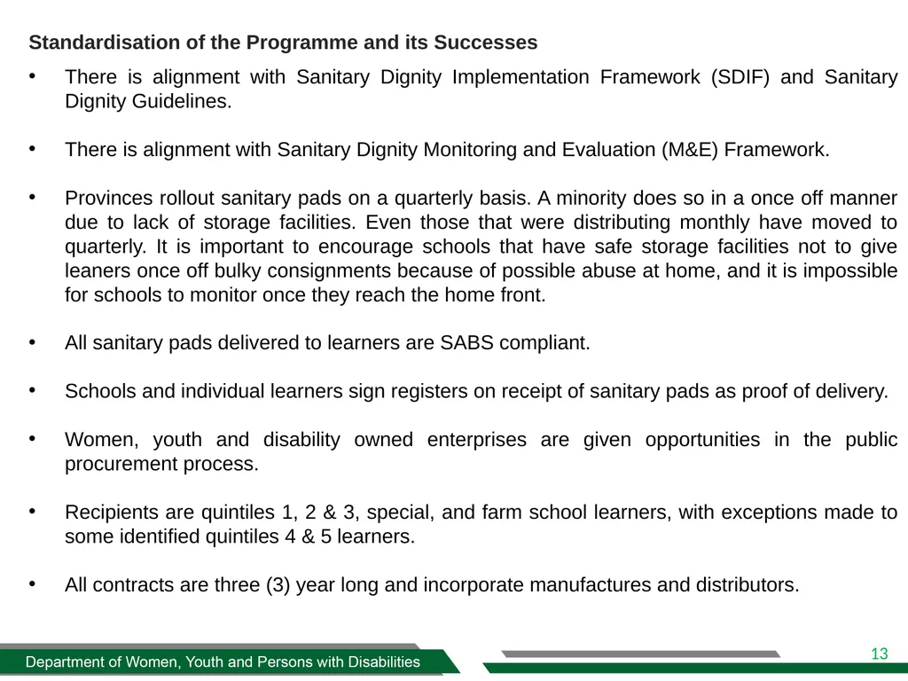 DWYPD SANITARY DIGNITY IMPLEMENTATION FRAMEWORK - slide 13 of 17