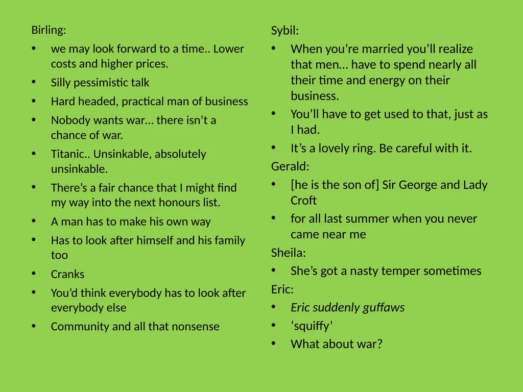 An Inspector Calls Character quotations Birling: - slide 3 of 16