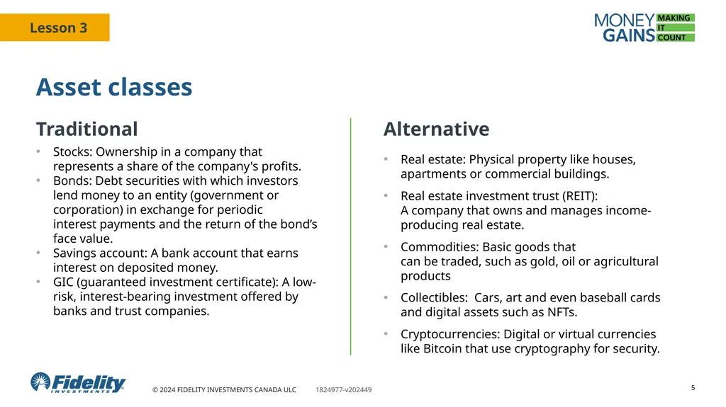 Asset classes 1 You will Learn about and identify - slide 5 of 14
