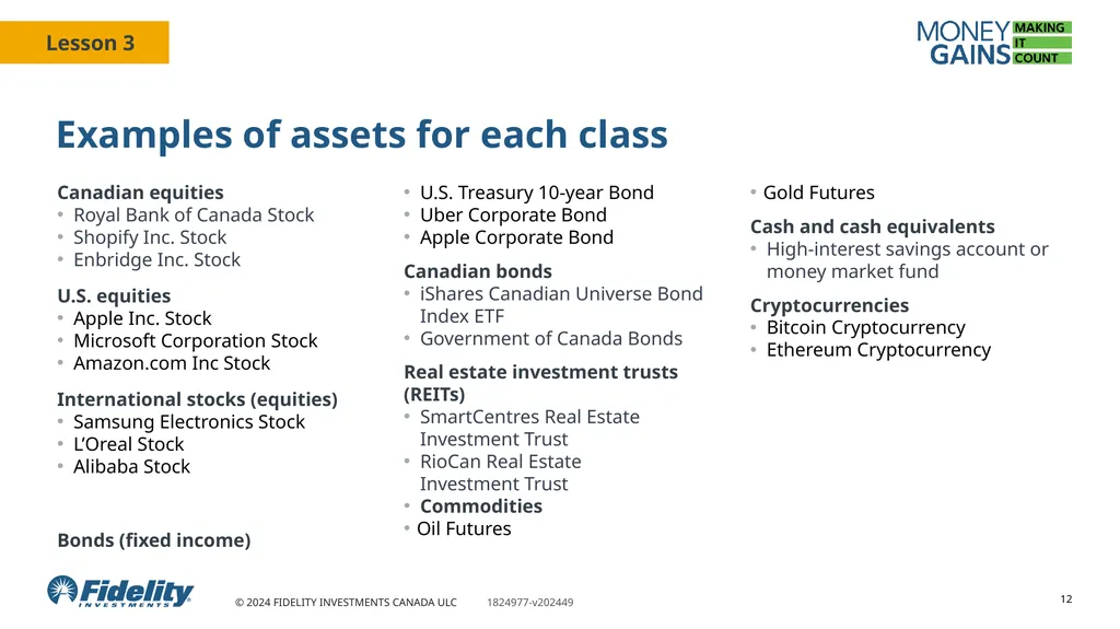 Asset classes 1 You will Learn about and identify - slide 12 of 14