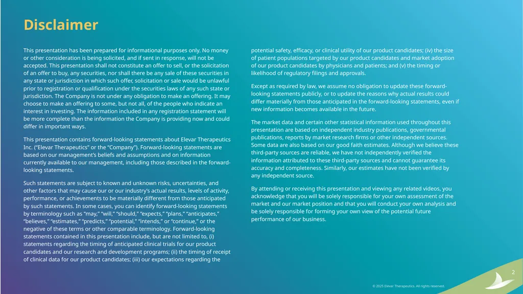 Elevar Therapeutics Elevating Treatment Outcomes - slide 2 of 25