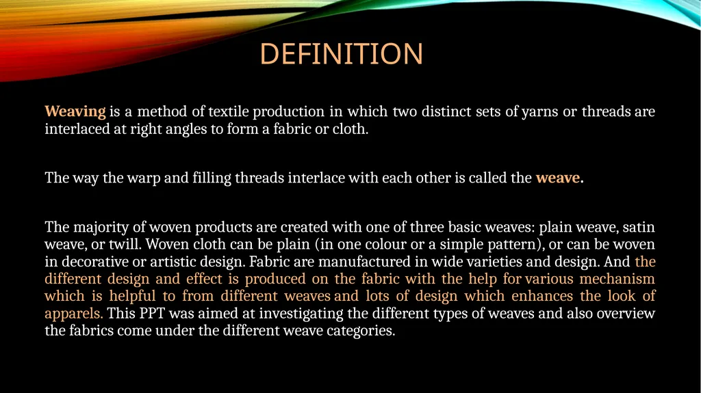 DIFFERENT Types OF WEAVES Subject : Basic Textiles - slide 2 of 18